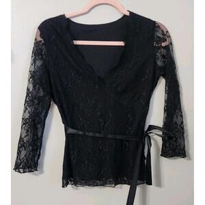 Y2k Top Black Lace V Neck 3/4 Sleeve Whimsigoth Medium